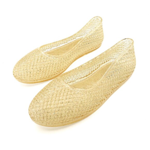 Lurneyt Women's GOLD Glitter Jelly Flexible Ballet Flats Breathable Mesh Design - Picture 1 of 5